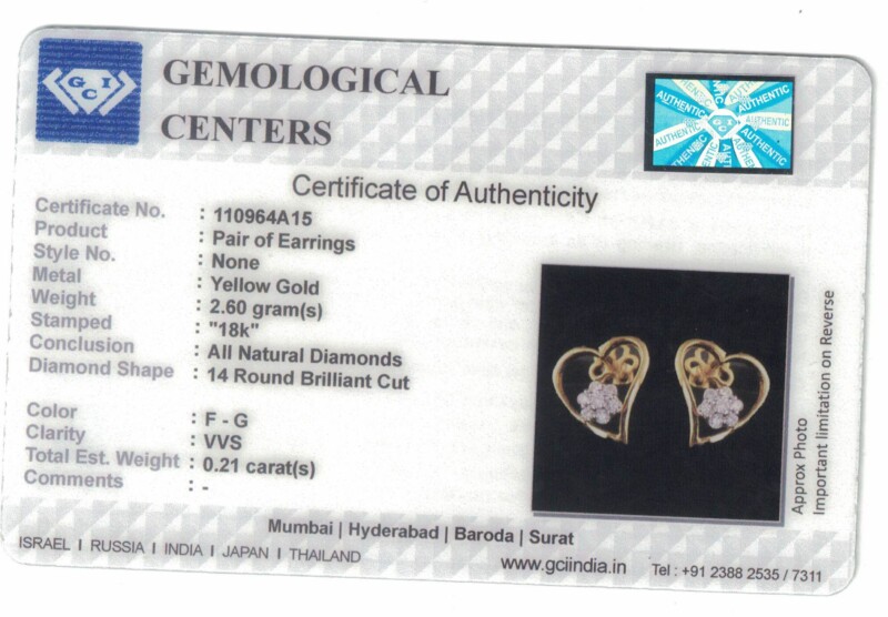 Certified Natural Diamond Heart Design Earrings In 18K Fine Yellow Gold