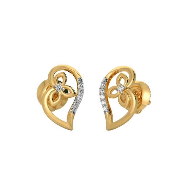 Certified Natural Diamond Flower Heart Design Earrings In 18K Fine Yellow Gold