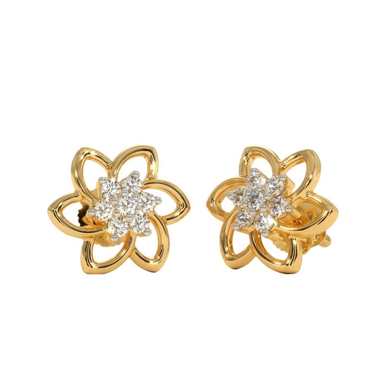 Certified Natural Diamond Flower Design Earrings In 18K Fine Yellow Gold