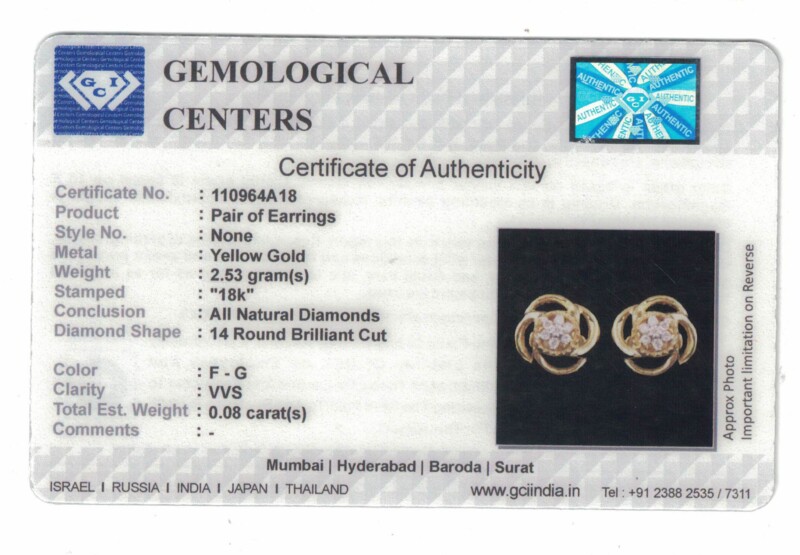 Certified Natural Diamond Classy Design Earrings In 18K Fine Yellow Gold