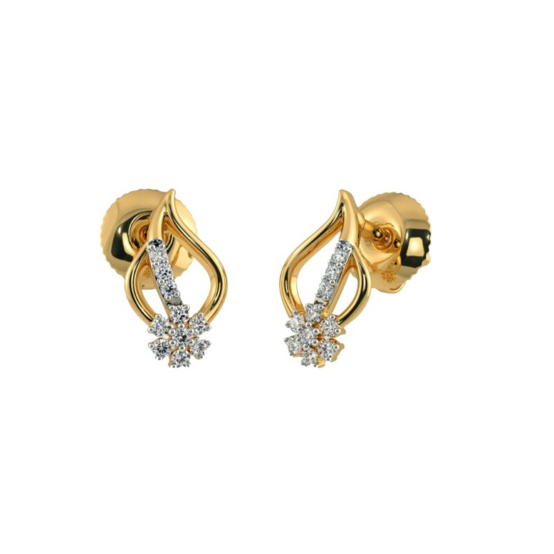 Certified Natural Diamond Flower Design Earrings In 18K Fine Yellow Gold