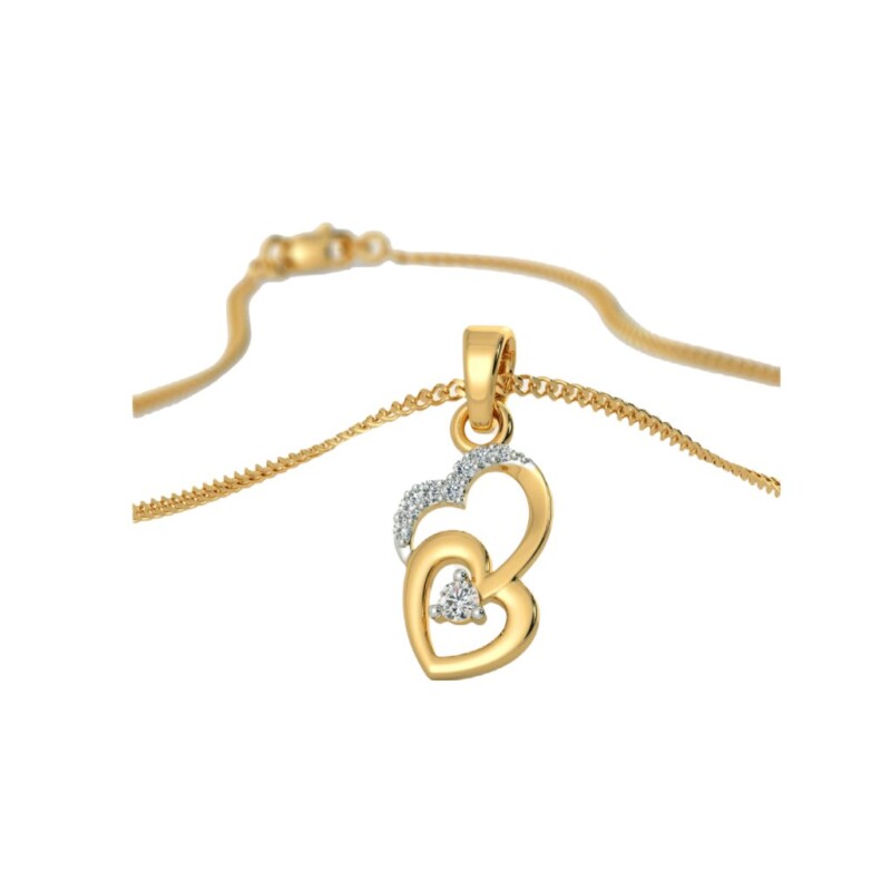 Certified Natural Diamond Double Heart Design Chain Pendant 18K Fine Yellow Gold