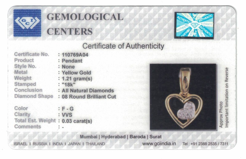 Certified Natural Diamond Double Heart Design Chain Pendant 18K Fine Yellow Gold